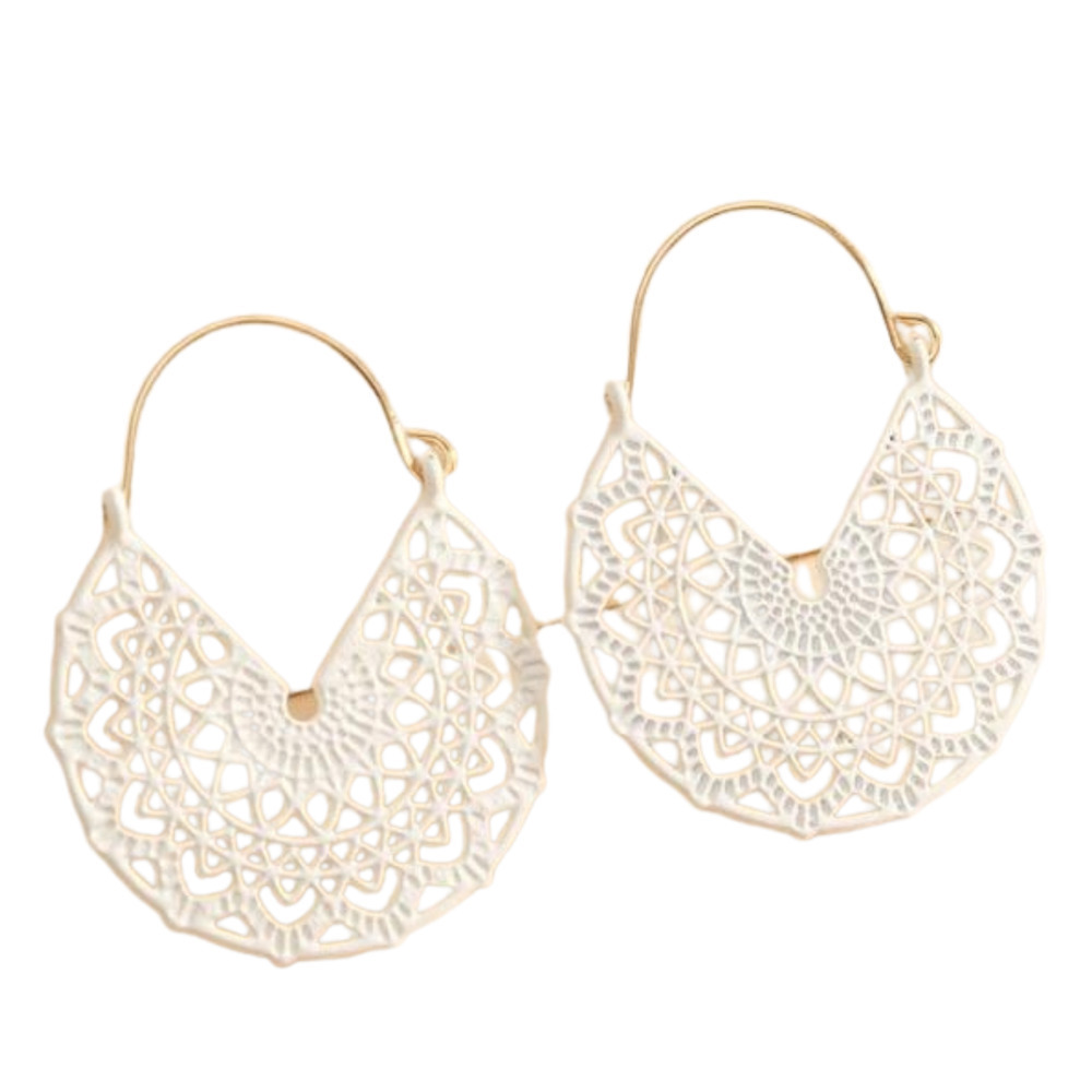 White Hoop Earrings Floral White Basket Hoops Cut out Dangle Earrings Scroll NWT - Picture 8 of 13